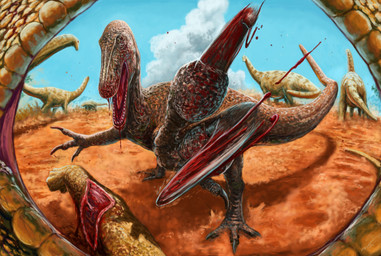 ambiguous_gender blood blood_in_mouth blood_on_face bodily_fluids claws duo feral first_person_view footprint gore group hunting imminent_death open_mouth outside reflection reflection_in_eyes running scales sharp_teeth teeth wounded young namosaurus dinosaur joaquinraptor megaraptorid prehistoric_species reptile saurischian sauropod sauropodomorph scalie theropod hi_res