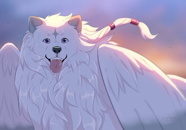 ambiguous_gender black_nose blue_eyes bodily_fluids cheek_tuft dripping eyebrows facial_tuft fangs feathered_wings feathers feral fluffy_fur fur grey_markings looking_at_viewer markings outside pink_tongue saliva saliva_drip saliva_on_tongue saliva_string sky smile smiling_at_viewer solo teeth tongue tongue_out tuft white_body white_eyebrows white_fur white_wings wings azzai canid canine canis mammal wolf 2018 colored digital_drawing_(artwork) digital_media_(artwork) shaded