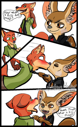 anthro blush bottomwear brown_body brown_eyes brown_fur clothed clothing dialogue eyes_closed eyewear forced fully_clothed fur gloves_(marking) green_eyes grey_nose half-closed_eyes inner_ear_fluff interrobang kiss_on_lips kissing male male/male markings multicolored_body multicolored_fur narrowed_eyes necktie necktie_grab open_mouth pants purple_nose red_body red_fur shirt simple_background size_difference smile smirk sunglasses surprise_kiss tan_body tan_fur text tongue tongue_out topwear tuft two_tone_body two_tone_fur white_background wide_eyed wittless-pilgrim disney zootopia finnick_(zootopia) nick_wilde canid canine fennec_fox fox mammal red_fox true_fox comic english_text hi_res