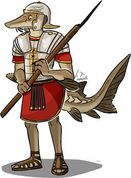 anthro armor brown_body brown_tail clothing dot_eyes fin footwear glistening glistening_eyes headgear helmet holding_melee_weapon holding_object holding_polearm holding_spear holding_weapon male melee_weapon polearm roman sandals shadow shoes simple_background simple_eyes solo spear standing tail tail_fin tan_body tan_tail weapon white_background swampjaws acipenseriform aquatic fish sturgeon colored signature