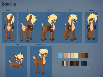 bag blonde_hair blue_eyes eyewear female feral freckles front_view glasses gun hair looking_at_viewer ranged_weapon rear_view satchel side_view small_nose spots tail weapon villegreen hasbro my_little_pony deer mammal absurd_res hi_res model_sheet portrait tagme three-quarter_portrait