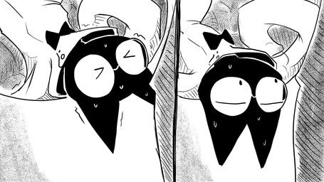 ambiguous_gender anthro black_body bodily_fluids bow_tie clothing coat duo eyewear glasses lab_coat looking_up struggling sweat topwear upside_down dragonweirdo gytras_(dragonweirdo) canid canine canis domestic_cat felid feline felis mammal wolf 16:9 hi_res monochrome widescreen