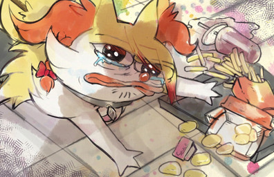3_fingers ambiguous_anthro ambiguous_gender anthro arm_tuft black_body black_eyes bodily_fluids braided_hair cheek_tuft chicken_meat chicken_nugget closed_frown crying detailed_background facial_tuft fingers first_person_view food fries frown fur hair inner_ear_fluff lips looking_at_viewer looking_up looking_up_at_viewer lying meat mouth_closed multicolored_body multicolored_fur object_in_tail on_front orange_body orange_fur orange_inner_ear_fluff orange_nose pointy_ears prick_ears shadow shoulder_tuft solo spilled_food stick stick_in_tail tail tears tray tuft what white_body white_fur yellow_body yellow_fur thwillartz apu_spills_his_nuggies nintendo pokemon apu_apustaja pardonne braixen canid generation_6_pokemon mammal pokemon_(species) 2025 colored digital_drawing_(artwork) digital_media_(artwork) hi_res meme shaded