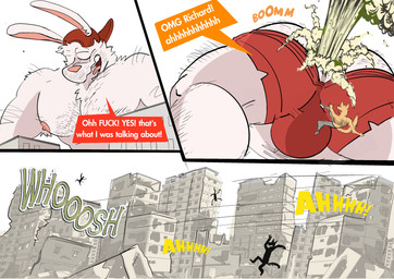 3_panel_comic areola arm_hair backwards_cap backwards_hat big_muscles big_pecs body_hair bottomwear boxers_(clothing) boxers_down briefs briefs_down building chest_hair city city_destruction clothing destruction dialogue falling fart fart_cloud fart_fetish farting_male five_o'clock_shadow fur grey_bottomwear grey_clothing grey_pants grey_sweatpants hairy_pecs hairy_shoulders hat headgear headwear male_farting muscular nipples pants pecs pink_areola pink_inner_ear pink_nipples profanity property_damage red_boxers red_briefs red_clothing red_hat red_headwear red_underwear relieved speech_box sweatpants text underwear white_body white_fur yellow_body yellow_fur dudenahuel nahuel_(dudenahuel) richard_(dudenahuel) canid canine lagomorph leporid mammal maned_wolf rabbit 2024 absurd_res comic english_text hi_res multiple_scenes
