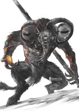 anthro biped black_body black_fur black_tail casting_spell fur hooves horizontal_pupils looking_at_viewer male melee_weapon multi_eye polearm pupils simple_background solo spear tail weapon shimhaq elden_ring elden_ring_nightreign fromsoftware libra_creature_of_night bovid caprine caprine_demon demon mammal 2025 colored digital_drawing_(artwork) digital_media_(artwork) hi_res restricted_palette