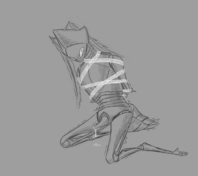 anthro arms_tied arthropod_abdomen bdsm bodily_fluids bondage bound genital_fluids genitals kneeling leaking_precum machine male penis precum presenting presenting_penis ribbon_bondage ribbons shaking solo trembling white_eyes cogheartflutters second_sentinel arthropod robot monochrome nonbinary_(lore)