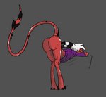 bottomless butt clothed clothing digitigrade hair hooves horn looking_at_viewer male raised_tail rear_view red_body red_sclera shirt simple_background solo spade_tail tail topwear yellow_eyes charbold helluva_boss fan_character demon humanoid imp digital_media_(artwork)