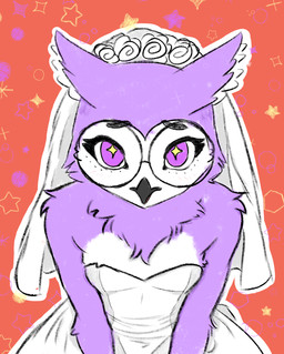 anthro clothing dress eyewear female glasses purple_body purple_eyes solo sparkles sparkling_eyes wedding wedding_dress white_body xeffy moonbow_talonaire_(xeffy) avian bird owl absurd_res hi_res