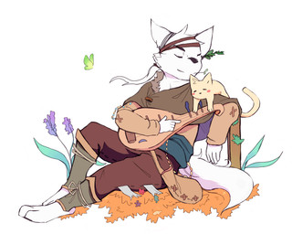 5_fingers eyes_closed feral fingers flower fur lute musical_instrument plant plucked_string_instrument sitting solo string_instrument white_body white_fur woong arthropod butterfly canid canine canis domestic_cat felid feline felis insect lepidopteran mammal wolf 5:4