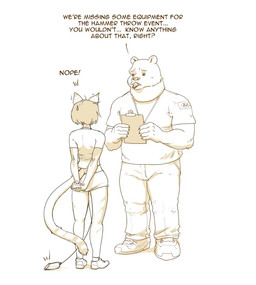 anthro athlete bodily_fluids bottomwear clothing dialogue duo female fur hair hammer_throw hands_behind_back improvised_sex_toy male nervous shorts simple_background sport sporting_event sweat text track_and_field sirartwork olympics helia_peppercats bear domestic_cat felid feline felis mammal ursine digital_media_(artwork) english_text