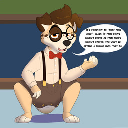 anthro clothed clothing crouching diaper diaper_under_clothing feces front_view male soiled soiled_diaper soiling solo text unclean_diaper used_diaper wearing_diaper baltnwolf canid canine canis domestic_dog mammal 1:1 english_text hi_res