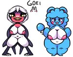 anthro avian beak big_breasts bird blue_hair breasts butt digital_media_(artwork) duo eyeshadow female gdei generation_2_pokemon generation_3_pokemon genitals hair huge_breasts makeup marill multicolored_body nintendo nipples nude pokemon pokemon_(species) pussy red_nipples slightly_chubby tail taillow thick_thighs white_hair wide_hips wings