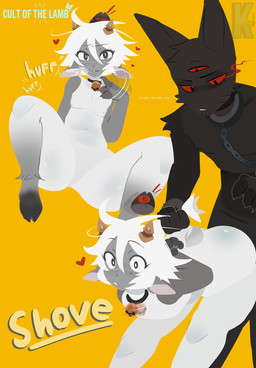 2_horns 3_eyes anthro black_body black_fur blush cheek_tuft duo facial_tuft featureless_crotch fur hair head_tuft heart_symbol horn male male_anthro multi_eye nude_male null red_eyes simple_background sitting tuft white_body white_hair yellow_background kittem4 cult_of_the_lamb massive_monster_(studio) lamb_(cult_of_the_lamb) narinder red_crown_(cult_of_the_lamb) bovid caprine domestic_cat felid feline felis mammal sheep 2025 digital_drawing_(artwork) digital_media_(artwork) hi_res