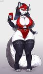 anthro big_breasts breasts choker clothing ear_piercing ear_ring female fluffy fluffy_tail fur gloves hair handwear huge_breasts jewelry legwear long_hair necklace paws pentagram_ear_ring piercing red_sclera ring_piercing selfie simple_background solo squeezing stockings tail thick_thighs thigh_highs white_body white_fur wide_hips zhadart mythology canid canid_demon canine canis demon hellhound mammal mythological_canine mythological_creature wolf digital_drawing_(artwork) digital_media_(artwork) hi_res