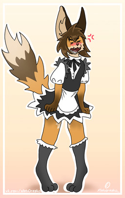 angry anthro blush brown_body brown_fur brown_hair clothing costume eyes_closed fluffy fluffy_tail fur hair legwear maid_uniform male multicolored_body multicolored_fur open_mouth simple_background solo tail uniform yellow_body yellow_fur youtuber xleb0rezka faraday_(yellow_fire) canid canine fennec_fox fox mammal true_fox absurd_res digital_media_(artwork) hi_res line_art