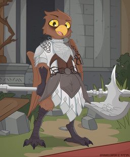 3_toes anthro armor avian_feet barefoot beak brown_body claws clothed clothing detailed_background digitigrade feet halberd looking_at_viewer male melee_weapon open_mouth polearm ruins solo standing talons toe_claws toes tongue weapon parabellumpony elden_ring elden_ring_nightreign fromsoftware guardian_(nightreign) avian hi_res