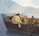 ambiguous_gender anthro boat eyes_closed forehead_gem gem koban_(coin) rope semi-anthro sleeping solo vehicle water watercraft pigeoncindy nintendo pokemon generation_1_pokemon meowth pokemon_(species) 2019 hi_res signature