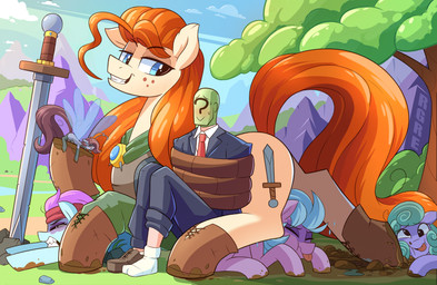 blue_eyes bodily_fluids bound clothed clothing detailed_background eyelashes eyes_closed female feral freckled_face freckles fur green_head group larger_female larger_feral legwear male melee_weapon orange_body outside pupils quadruped rope side_view size_difference smaller_female smaller_human smaller_male smile suit sweat sword tail thick_thighs thigh_highs three-quarter_view weapon nignogs hasbro my_little_pony anon fan_character equid equine human mammal hi_res