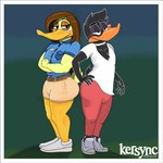 anthro beak bottomwear clothed clothing duo female footwear fully_clothed male pants redesign shirt shoes shorts topwear kersync looney_tunes the_looney_tunes_show warner_brothers daffy_duck tina_russo anatid anseriform avian bird duck 1:1 hi_res