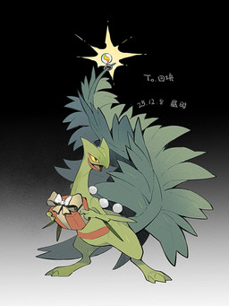 ambiguous_gender anthro featureless_crotch gift green_body holidays open_mouth solo tail tongue yellow_sclera lanjiujiu christmas nintendo pokemon generation_3_pokemon pokemon_(species) scalie sceptile 2025 3:4 dated hi_res signature