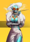 clothing dress eyewear female fur_scarf glasses hat headgear headwear machine not_furry orange_eyewear orange_glasses smoking solo ulsae destiny_(video_game) destiny_2 exo humanoid robot robot_humanoid absurd_res distracting_watermark hi_res watermark