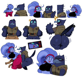 accessory anthro assisted_exposure beak big_breasts big_butt black_body black_feathers blue_body blue_feathers bottomwear bottomwear_down breasts butt clothed clothing duo embarrassed eyeshadow feathers female hair_accessory hairband huge_breasts huge_butt makeup non-mammal_breasts pants pants_down pantsing partially_clothed purple_eyeshadow thick_thighs undressing_another wide_hips sssonic2 dreamworks the_bad_guys doom_(the_bad_guys) tango_(sssonic2) avian bird corvid corvus_(genus) oscine passerine raven absurd_res hi_res