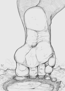 5_toes ambiguous_gender anthro barefoot city claws destruction dirty dirty_feet feet foot_fetish foot_focus footprint giga humanoid_feet landscape_dwarfing macro male mountain plantigrade soles solo stomping toe_claws toes perenthis mammal greyscale hi_res monochrome signature sketch
