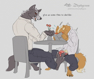 anthro biped blush bodily_fluids bottomwear bulge bulge_fondling claws clothed clothing digitigrade duo feet foot_fetish foot_play footjob fur genital_fluids grey_body grey_fur male male/male multicolored_body multicolored_fur open_bottomwear open_clothing open_pants orange_body orange_fur pants paws penile precum precum_through_clothing sex sitting tan_body tan_fur text toe_claws two_tone_body two_tone_fur under_table_footjob wet wet_clothing white_body white_fur zephyxus nintendo star_fox fox_mccloud wolf_o'donnell canid canine canis fox mammal wolf 2026 digital_media_(artwork) english_text