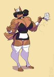 2022 anthro apron big_breasts black_eyes black_hair breasts brown_body brown_fur canid canine choker cleaning_tool cleavage clothed clothing conditional_dnp cuffs_(clothing) feather_duster female fur hair jewelry jollyjack maid_headdress maid_uniform mammal muscular muscular_anthro muscular_arms muscular_female muscular_legs mythological_canine mythological_creature mythology necklace one_eye_closed panty_peek pecs pecs_with_breasts simple_background solo stirrup_stockings tan_background tongue tongue_out uniform were werecanid werecanine werewolf
