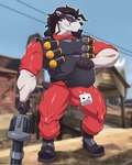 anthro armor bandolier barazoku body_armor boots bottomwear clothed clothed_anthro clothed_male clothing crotch_apron detailed_background footwear grenade_launcher gun holding_gun holding_object holding_ranged_weapon holding_weapon jumpsuit looking_at_viewer male outside pants ranged_weapon red_bottomwear red_clothing red_jumpsuit red_pants red_sclera screencap screencap_background shoes smug_grin snout solo tail tape weapon maldu nintendo pokemon team_fortress_2 valve demoman_(team_fortress_2) jack_mercer_(undeadmercer) generation_8_pokemon obstagoon pokemon_(species) hi_res