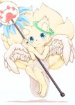 :3 anthro big_tail blue_eyes blush cheek_tuft clothing facial_tuft floating fluffy fluffy_tail fur green_halo halo inner_ear_fluff kemono looking_at_viewer male paws robe simple_background smile solo staff tail tuft wings yellow_body yellow_fur yellow_inner_ear_fluff young young_anthro popkage canid canine fox mammal 2020 hi_res