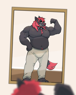 anthro body_hair bottomwear chest_hair clothing flexing hand_on_hip happy_trail male mirror mirror_reflection musclegut muscular pants reflection smile smiling_at_viewer solo sweatpants nagafurry chris_valentine canid canine canis mammal wolf 4:5 hi_res
