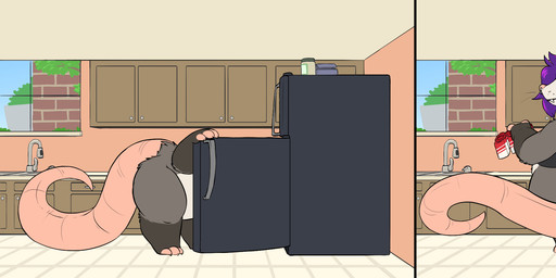 anthro appliance beverage big_tail body_size_growth female fridge hair inside kitchen kitchen_appliance purple_hair red_eyes size_transformation soda solo tail transformation knaveofclubs syrup_(colossified) american_opossum mammal marsupial hi_res
