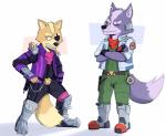 anthro bottomwear claws clothed clothing duo fur grey_body grey_fur jacket male male/male pants simple_background standing topwear habiyeru nintendo star_fox super_smash_bros. super_smash_bros._ultimate fox_mccloud wolf_o'donnell canid canine canis fox mammal wolf 2019 digital_media_(artwork) hi_res