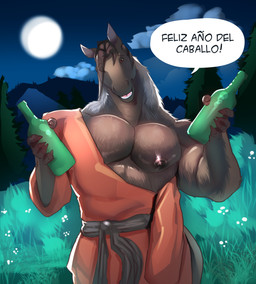anthro barazoku bottle cjk_character clothed clothing container dialogue holidays male nipples pecs solo text furkito_mlt chinese_new_year equid equine horse mammal hi_res spanish_text