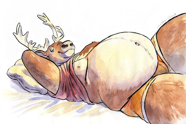 anthro antlers belly big_belly brown_body brown_fur bulge clothed clothing eyes_closed fur hand_behind_head hand_on_chest horn lounging lying male moobs navel nipples on_back overweight overweight_anthro overweight_male pillow raised_clothing raised_shirt raised_topwear shirt smile solo topwear underwear chubby-shark deer mammal new_world_deer reindeer