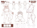 anthro anus barefoot blep breasts butt close-up crouching feet female front_view genitals hair long_hair looking_at_viewer nude pubes pussy rear_view solo tongue tongue_out komenuka_inaho kurono_(komenuka_inaho) canid canine canis mammal wolf 4:3 hi_res line_art model_sheet