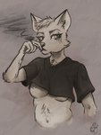 anthro bottomless bottomless_female cigarette clothed clothing female looking_sideways makeup mascara nipple_slip running_makeup running_mascara slightly_chubby smoking smoking_cigarette solo topwear sydney_onmars domestic_cat felid feline felis mammal 3:4 hi_res sketch