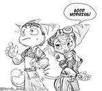 anthro butt_slap duo eyewear female goggles head_tuft male prosthetic prosthetic_arm prosthetic_limb slap spanking speech_bubble stripes surprise tuft itz_smi73 buenos_dias_mandy ratchet_and_clank sony_corporation sony_interactive_entertainment ratchet_(ratchet_and_clank) rivet_(ratchet_and_clank) felid feline lombax mammal hi_res meme monochrome