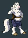 5_fingers anthro belly biped blue_eyes bottomwear brown_hooves bulge clothed clothing fingers front_view fur grey_background hair hooves male overweight overweight_anthro overweight_male saddle shorts simple_background solo standing tail tail_wraps topless white_belly white_body white_fur white_hair white_tail wraps macroceli_(artist) mackenya equid equine horse mammal 2017 digital_media_(artwork) full-length_portrait hi_res portrait signature