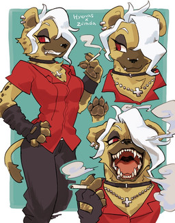 alternate_species anthro clothing ear_piercing ear_ring facial_piercing female furrification hair lip_piercing lip_ring looking_at_viewer nose_piercing piercing red_eyes ring_piercing sharp_teeth smoking solo teeth white_hair barabarano20 helltaker zdrada_(helltaker) hyena mammal spotted_hyena