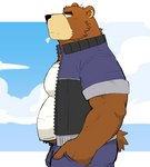 anthro belly black_nose bottomwear brown_body bulge clothing cloud humanoid_hands kemono male musclegut muscular muscular_anthro muscular_male overweight overweight_anthro overweight_male pants pecs shirt solo topwear hagom morenatsu juuichi_mikazuki bear mammal 2022 hi_res