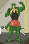 2_horns abs anthro biceps bottomwear clothed clothing green_body green_scales horn male muscular muscular_anthro muscular_male nipples pecs scales shirt shorts solo tail tank_top topwear nomorebiscuit mythology ragner dragon mythological_creature mythological_scalie scalie 2:3 hi_res