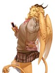 anthro asian_clothing bottomwear cellphone clothed clothing crossdressing delicious_in_dungeon east_asian_clothing electronics feathered_wings feathers felid flip_phone hi_res horn hybrid japanese_clothing japanese_school_uniform lion male mammal pantherine phone school_uniform simple_background skirt solo tail uniform white_background winged_lion_(delicious_in_dungeon) wings wshtichutu27302