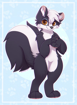 ambiguous_gender anthro big_tail black_body black_fur black_nose blue_background brown_eye fluffy fluffy_tail fur hair looking_at_viewer male paws simple_background smile solo standing tail white_body white_fur bloominglynx hyperion_(hyperionskunk) mammal mephitid skunk 2025 hi_res