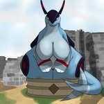 belly big_breasts blue_body breasts curvy_figure female hanging_breasts huge_breasts large_female looking_down nipple_outline pool red_eyes sky solo tail thick_thighs wide_hips alrecsolus palworld pocketpair jetragon pal_(species) 1:1 hi_res