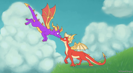 all_fours claws cloud duo feral flying horn male male/male purple_body purple_eyes red_body red_eyes sky tail wings millipededragon activision mythology spyro_the_dragon flame_(spyro) spyro dragon mythological_creature mythological_scalie scalie 2026 digital_drawing_(artwork) digital_media_(artwork) hi_res signature
