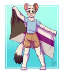 anthro blue_clothing blue_eyes blue_shirt blue_t-shirt blue_topwear blush bottomwear brown_bottomwear brown_clothing brown_shorts clothing demisexual_pride_colors flag flag_(object) front_view fur happy holding_flag holding_object lgbt_pride male open_mouth open_smile pride_colors shirt shorts simple_background smile solo standing t-shirt topwear white_body white_fur riddlr species_request absurd_res full-length_portrait hi_res portrait