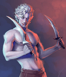 athletic athletic_humanoid athletic_male blood blood_in_mouth blood_on_face bodily_fluids dagger dual_wielding hair holding_object holding_weapon humanoid_pointy_ears male melee_weapon nipples not_furry pointy_ears red_eyes shirtless solo weapon white_hair caitlinc37_(artist) baldur's_gate baldur's_gate_3 bioware dungeons_and_dragons electronic_arts hasbro larian_studios wizards_of_the_coast astarion_(baldur's_gate) elf humanoid vampire