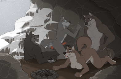 animal_genitalia animal_penis anthro anthro_on_anthro anthro_penetrated anthro_penetrating anthro_penetrating_anthro balls black_nose breasts butt canine_genitalia canine_penis erection female female_penetrated fur genitals grey_body grey_fur group group_sex knot knotted_penis male male/female male/male male_penetrated male_penetrating male_penetrating_female male_penetrating_male nude orgy penetration penis sex snow jishinu canid canine canis mammal wolf hi_res